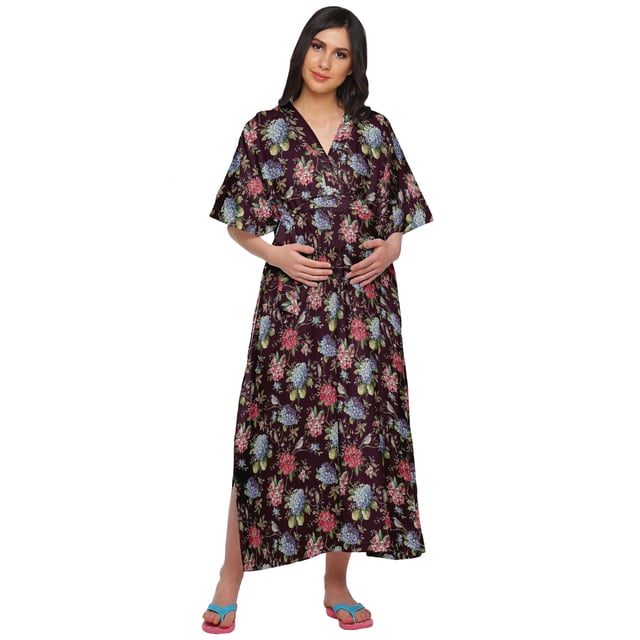 Moomaya Robe Maxi Kaftan de Maternité Longue pour Femmes à Manches Kimono Boutonnée