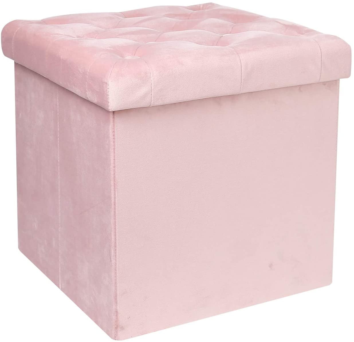 PINPLUS 15.7' Velvet Tufted Folding Storage Ottoman Cube, Footstool Rest Seat with Removable Lid,Pink