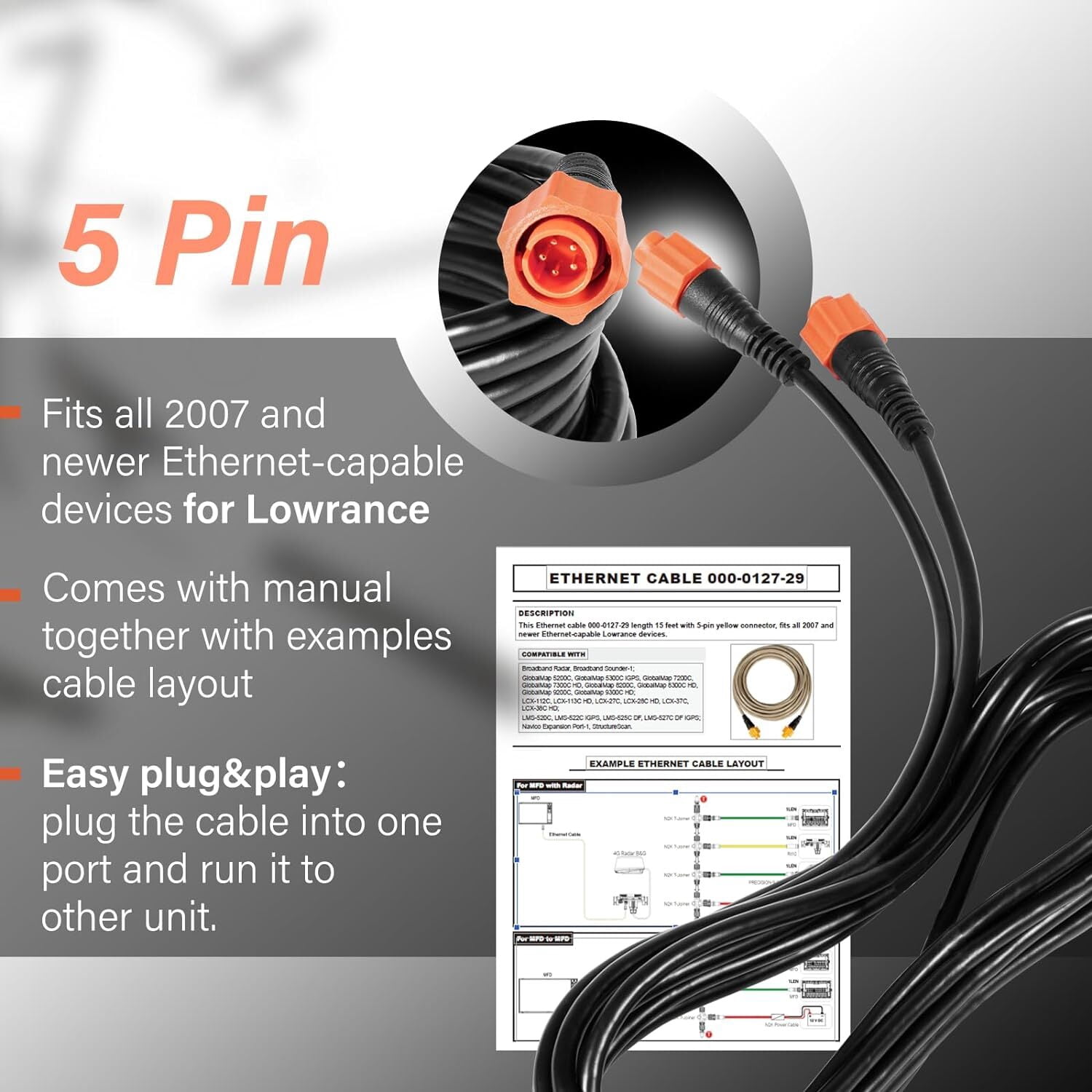 for Lowrance Ethernet Cable Cat6 w/ 5-pin Yellow Ether Connector 15-Feet 127-29