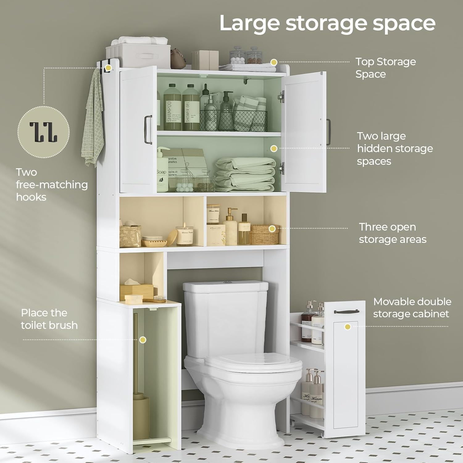 Over The Toilet Storage Cabinet with Pulley Small Bathroom Storage Cabinet
