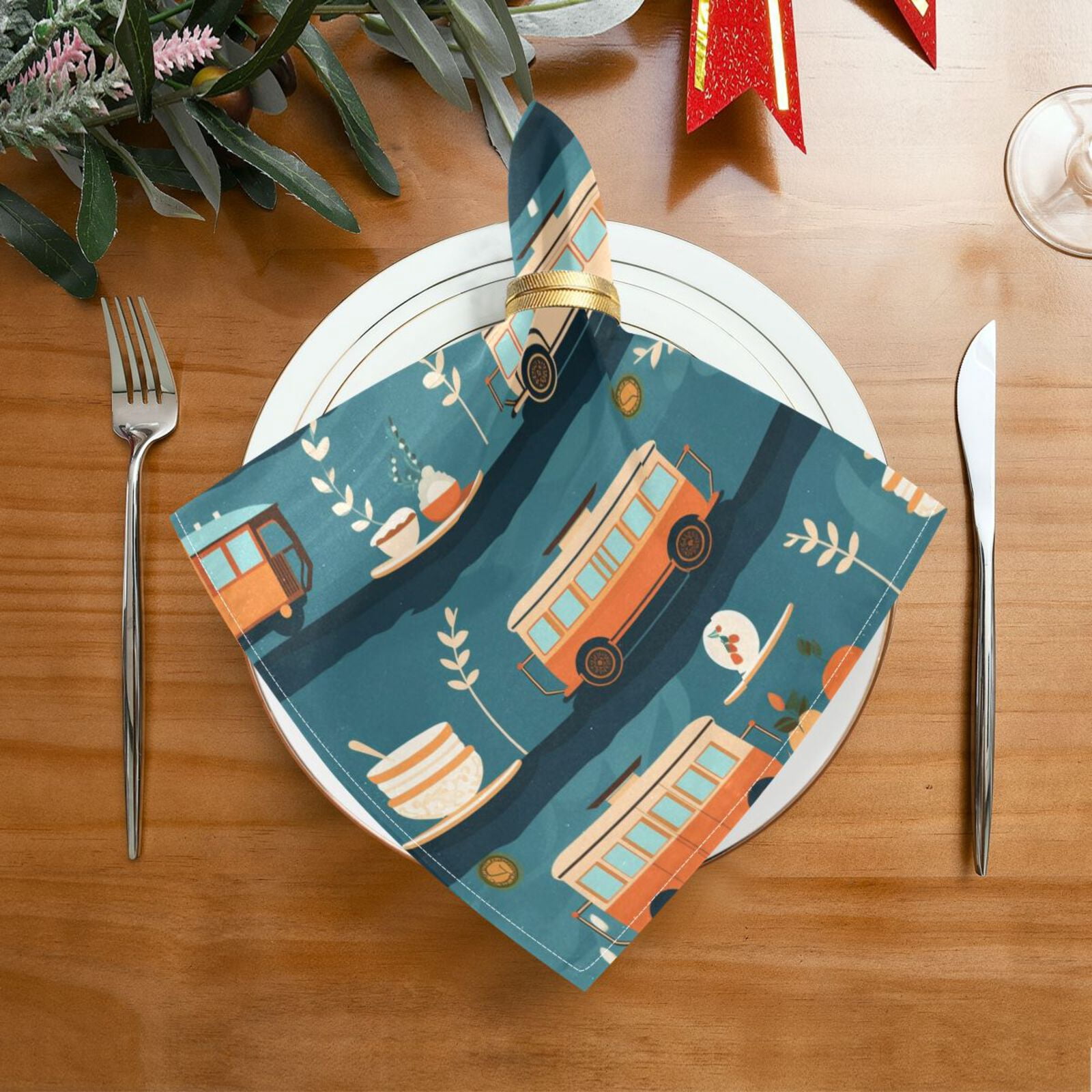 JSTEL Bus Car Cloth Napkins Set of 6, 20x20 Inch Washable and Reusable Napkin for Decoupage Dinner Party Everyday Use