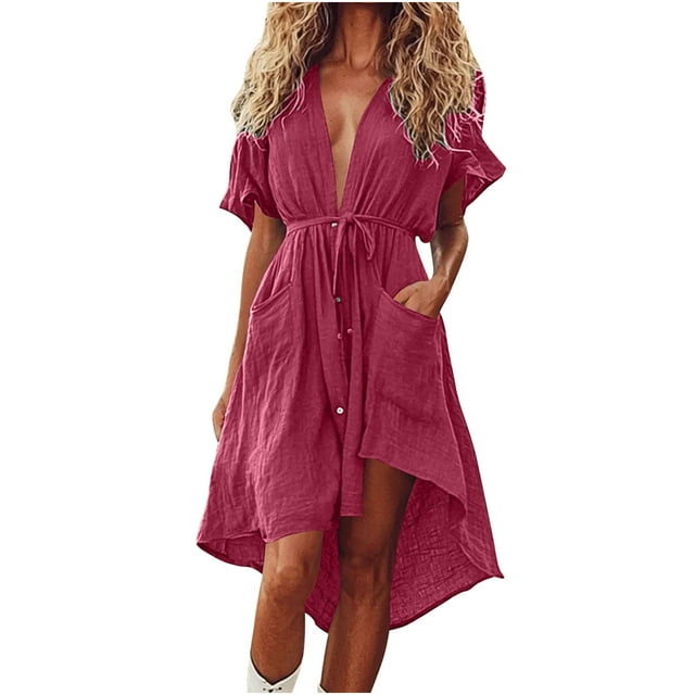 Liquidation d'Été 2025! Robe d'Été en Solde pour Femmes, Robes Courtes d'Été pour Femmes Manches Courtes Bloc de Couleur Ample Tendance Imitation Coton et Lin Mini Robe avec Bouton Poche