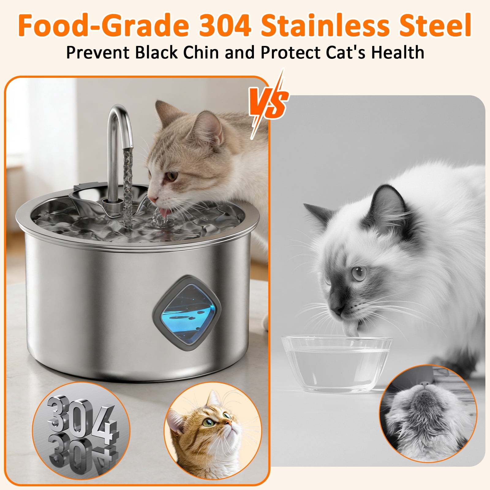 Stainless Steel Cat Water Fountain, 3.2L/108oz Dog Water Bowl Dispenser with Replacement Filters, Automatic Cat Fountains for Drinking for Pets and Small Animals