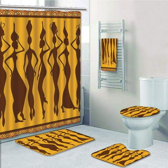 EREHome Silhouette of Female Bodies Exotic Savannah Women Merigold 5 Piece Bathroom Set Shower Curtain Bath Towel Bath Rug Contour Mat and Toilet Lid Cover