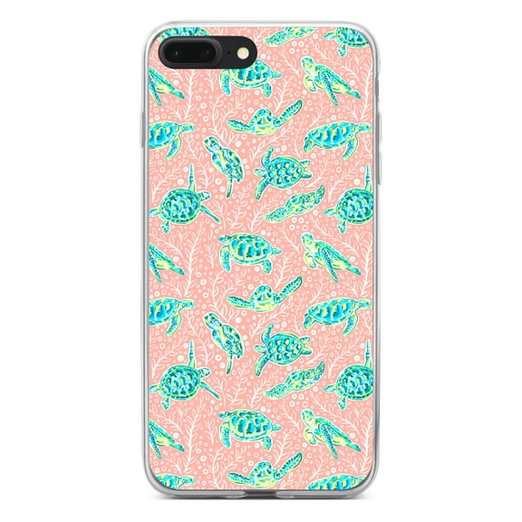 DistinctInk Clear Shockproof Hybrid Case for iPhone 7 PLUS / 8 PLUS (5.5" Screen) - TPU Bumper, Acrylic Back, Tempered Glass Screen Protector - Preppy Pattern - Turtles on Pink Background