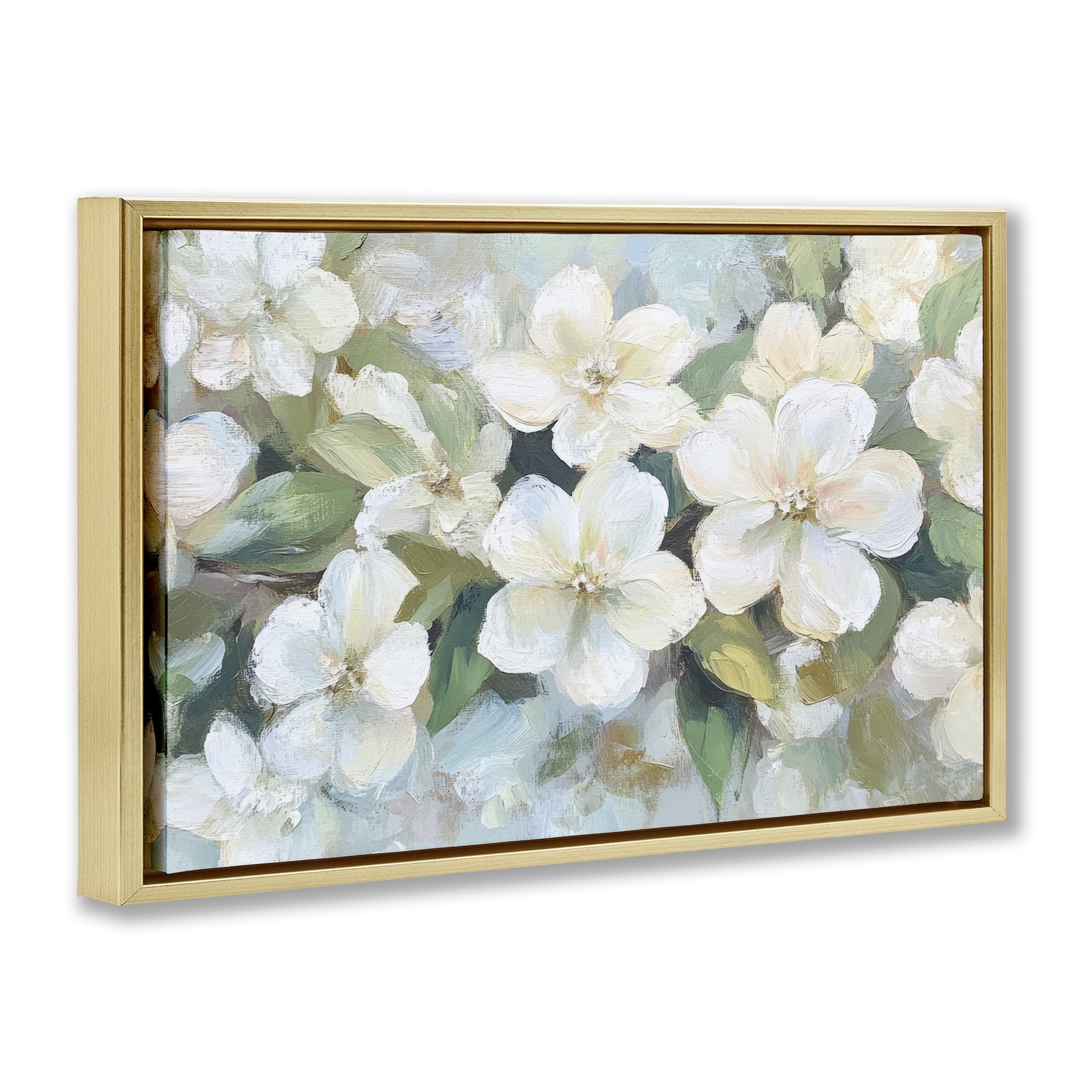 Stupell Industries Painted White Flowers in Leaves Gold Framed Floater Canvas Wall Art, design by Petal Prints Design