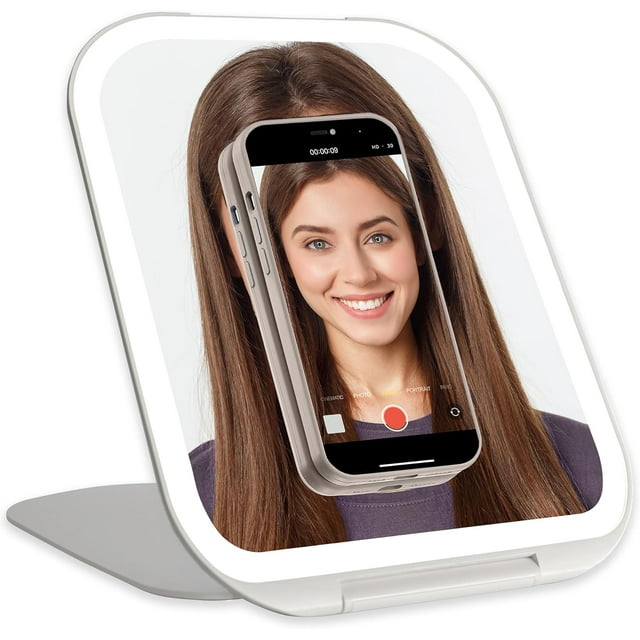 Attrattiva Rechargeable Travel LED Mirror With 10X Magnifying Mirror, Vanity Lighted Mirror with 80 Lights,3 Color modes, Portable Folding Makeup Beauty Dimmable Folding Mirror, Gift for Women - Large