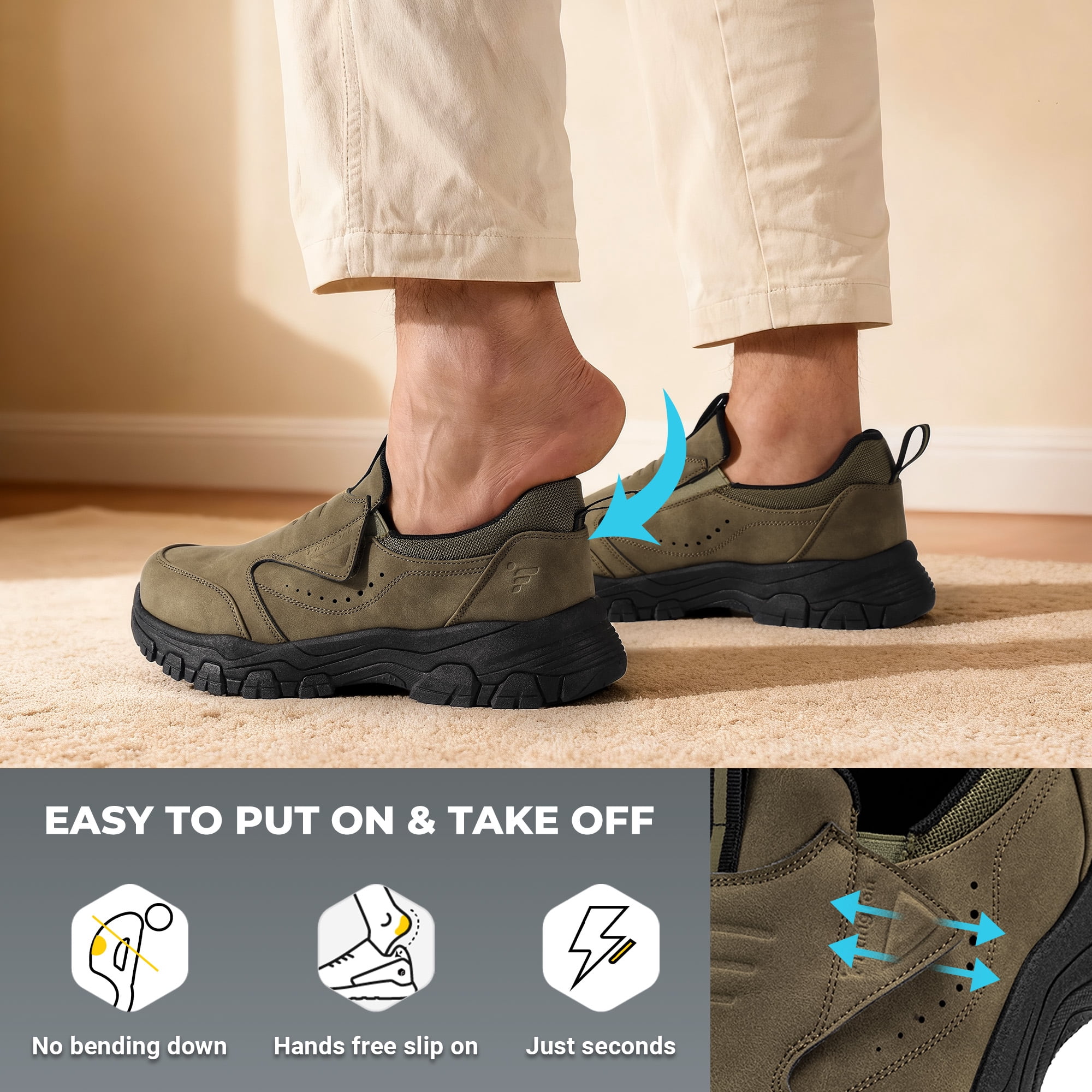 Fittington Slip on Shoes for Men Hiking Walking Shoes Trekking Loafer with Arch Support, Light Brown-Size 12