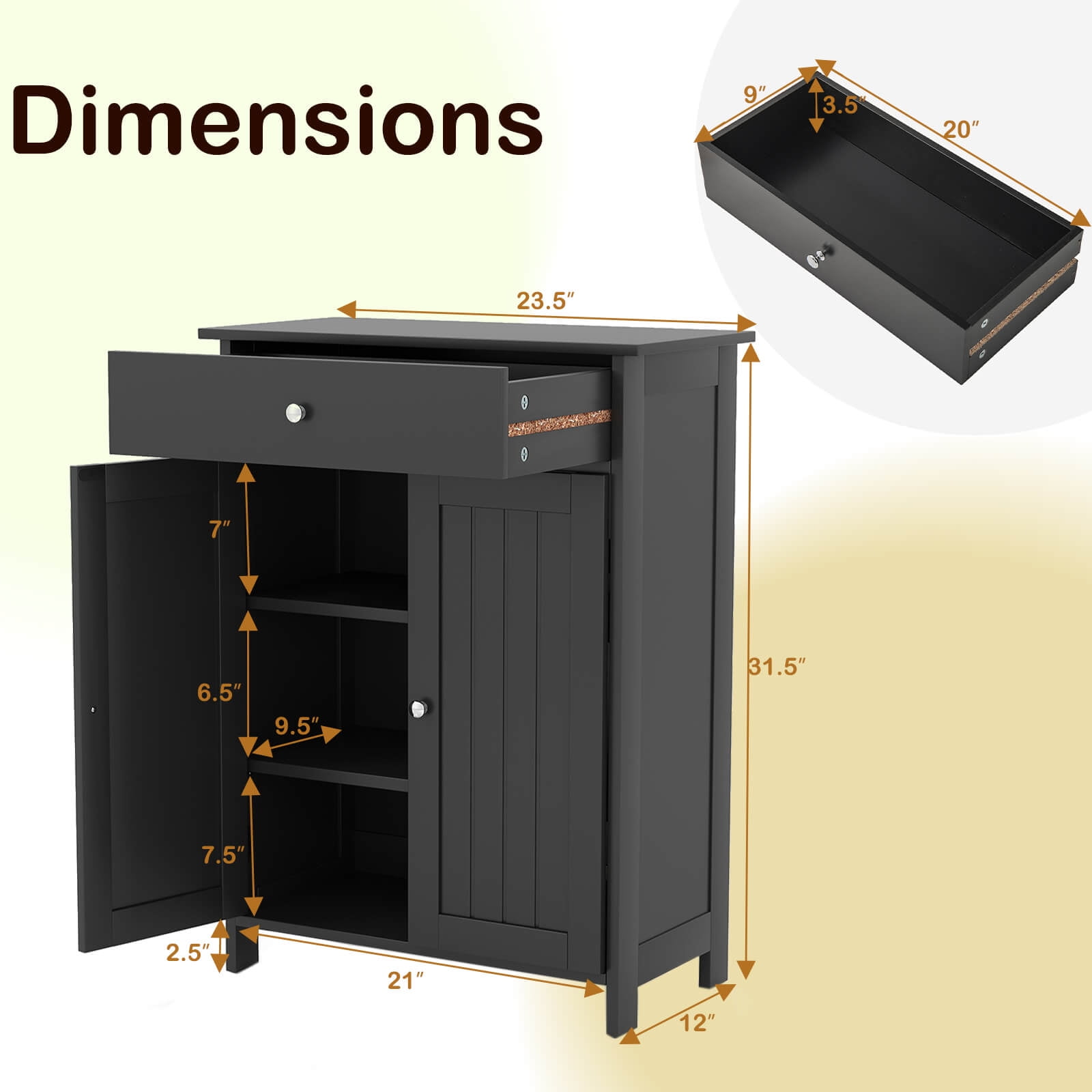 Costway Bathroom Floor Cabinet Freestanding Storage Organizer with 2 Doors Storage Cabinet Black