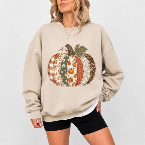 Patchwork Pumpkin Sweatshirt, Quilted Fall Pumpkin Shirt, Cute Autumn Harvest Sweater