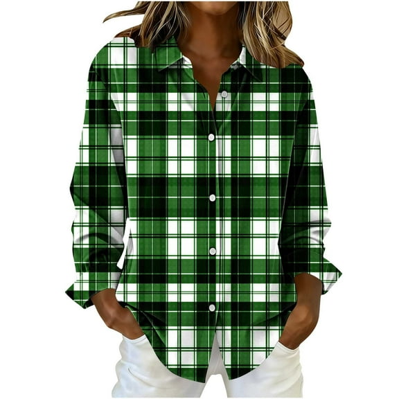 Womens Plaid Shirts, Long Sleeve Shirts for Women Fall Fashion Loose Fit Printed Lapel Button Down Dressy Blouses