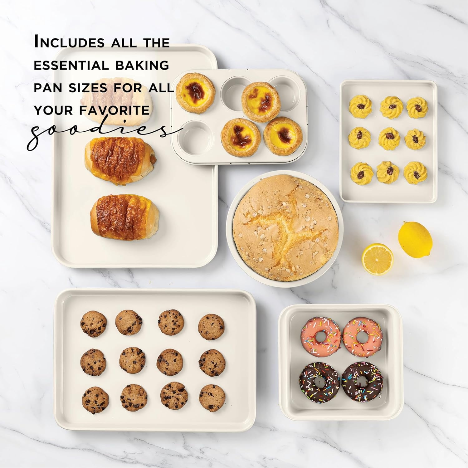 Country Kitchen Nonstick Cookware and Bakeware Set with Stackable Design, Cream, 13-Piece