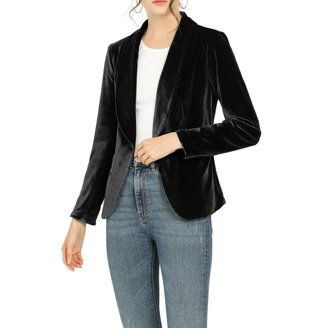 INSPIRE CHIC Juniors Work Shawl Collar Long Sleeve One Button Velvet Blazer