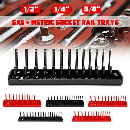 6Psc 1/4 1/2 3/8 SAE&Metric Socket Rail Trays Shelf Organizers Black&Red Kit