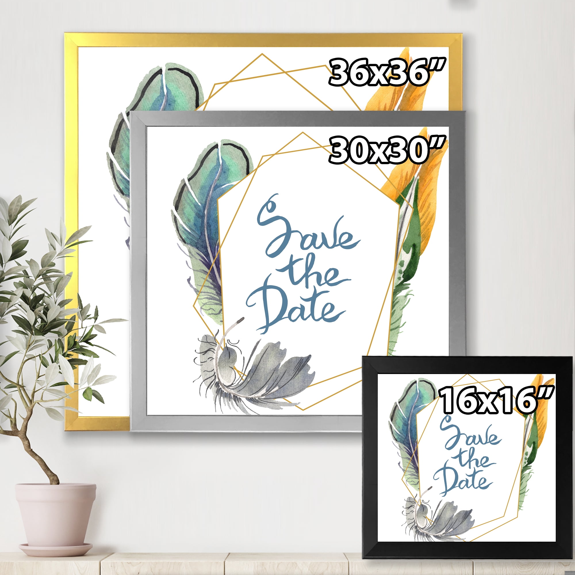 Designart 'Save The Date Bird Blue Feather' Bohemian & Eclectic Framed Art Print
