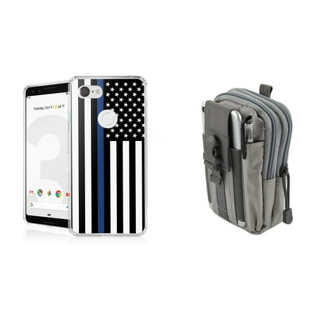 Bemz Accessory Bundle for Google Pixel 3 (5.5 inch display) - AquaFlex Series Shock Bumper Case (Thin Blue Line USA Flag), Tactical Utility MOLLE Pack (Gray) and Atom