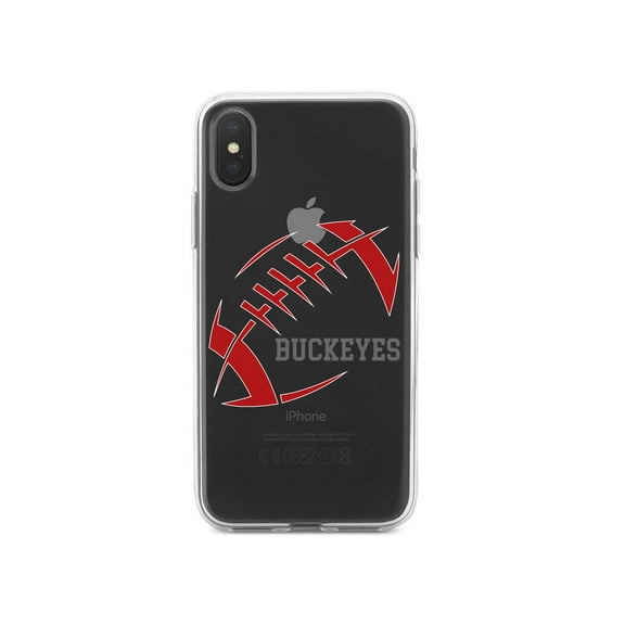 DistinctInk Clear Shockproof Hybrid Case for iPhone XS Max (6.5" Screen) - TPU Bumper, Acrylic Back, Tempered Glass Screen Protector - Buckeyes Football - Scarlet, Gray