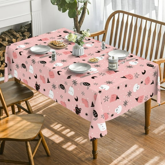 Halloween Tablecloth 60x102 Inch Rectangular, Cartoon Ghost Pink Washable Table Cover for Party Picnic Dinner Decor