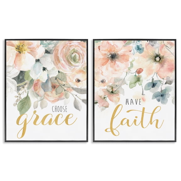 Stupell Industries Spiritual Phrases on Florals Spiritual Painting Black Framed Art Print Wall Art, 11 x 14, Set of 2