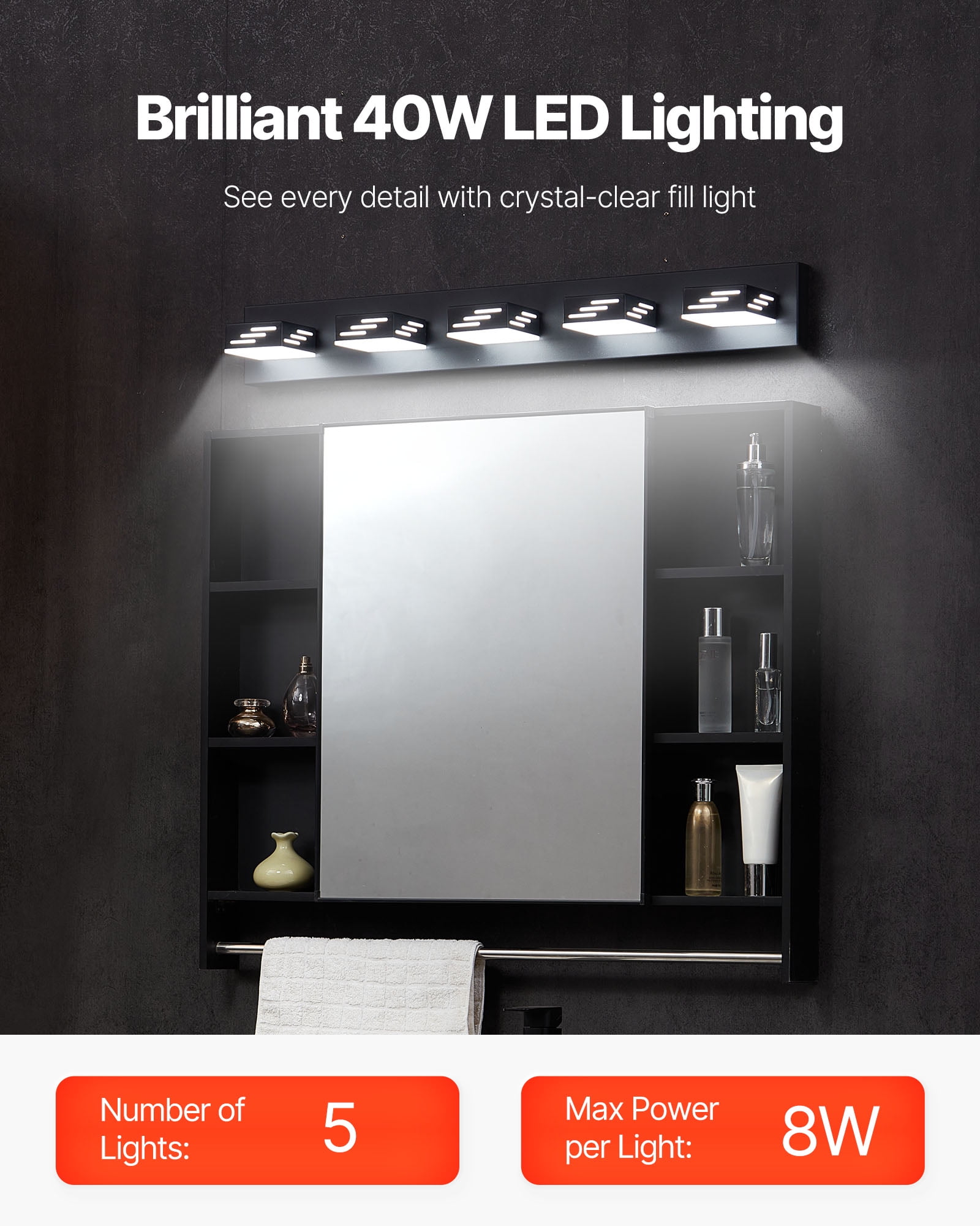 VEVOR 5-Light LED Modern Vanity Light Fixtures,33.46-Inch,Black Finish Bathroom Wall Lighting Fixture Over Mirror, with IP44 Waterproof, for Bathroom, Living Room, Bedroom, Hallway, Cool White 6000K