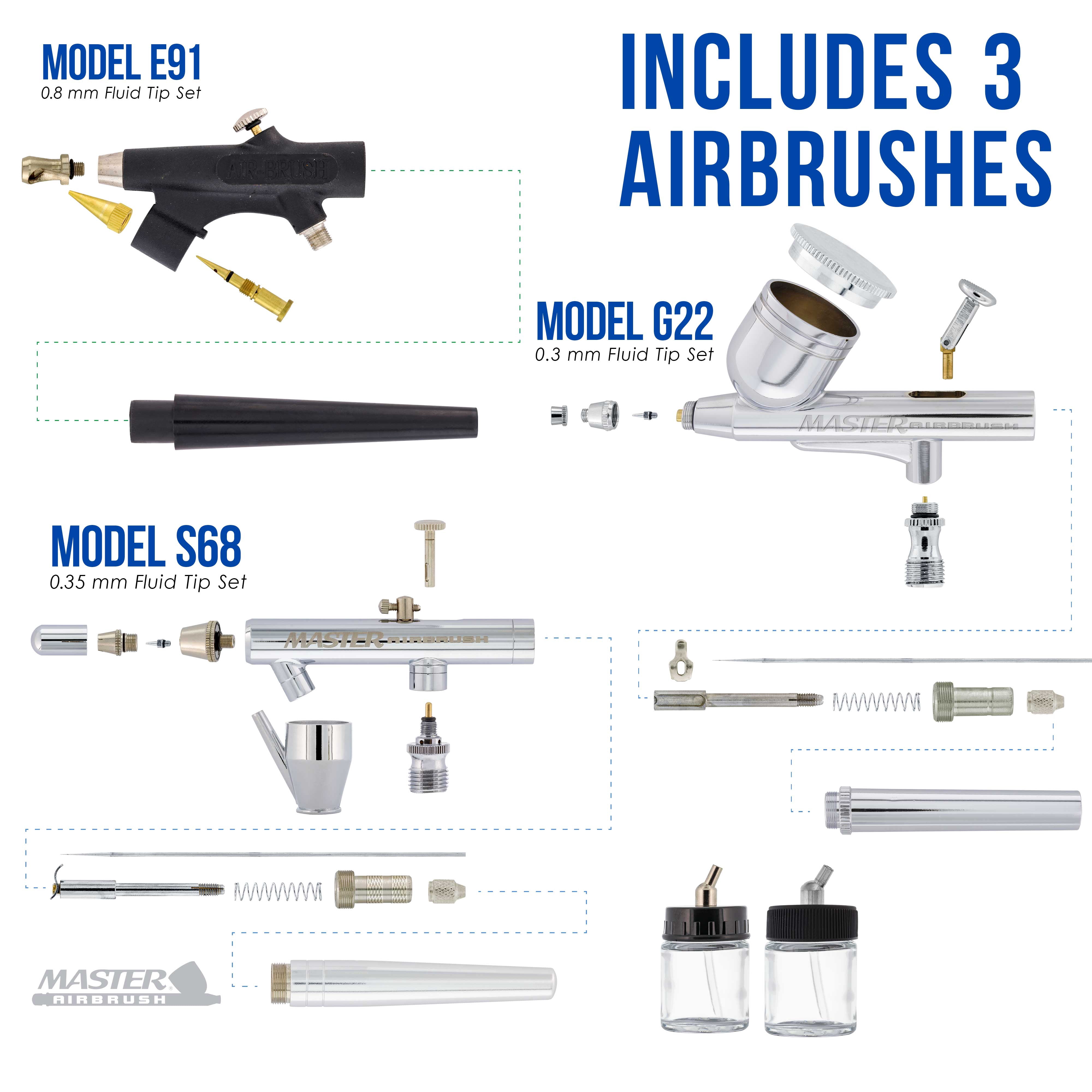 3 Master Airbrush Professional Multi-Purpose Airbrushing System Kit - G22, S68, E91 Gravity & Siphon Feed Airbrushes, Hose, Air Compressor, Universal Airbrush Holder - How-To-Airbrush Guide Booklet