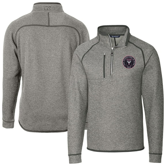 Men's-Cutter & Buck  Heather Gray Inter Miami CF Big & Tall Mainsail Sweater-Knit Half-Zip Pullover Top