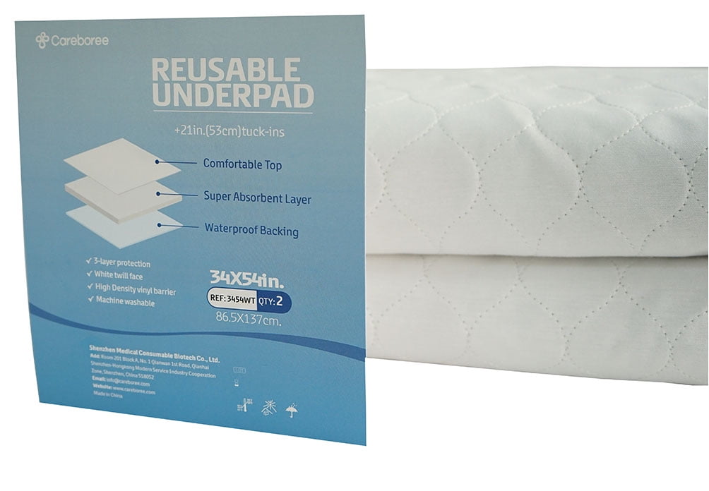 Careboree 2 Pack Cotton Top-Layer Quilted Absorbent Bed Pad Saddle Bedding Protector Tuckable Waterproof Washable Reusable Incontinence Underpad 34"X54" Fit Full Bed 21" Flaps Wings