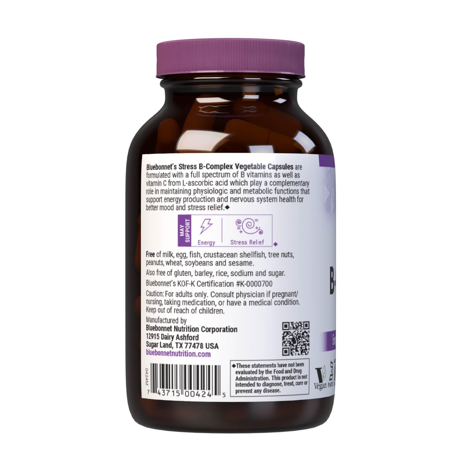 Bluebonnet Stress Relief B Complex, Vitamin B6, B12, Biotin, Folate, 100 Count