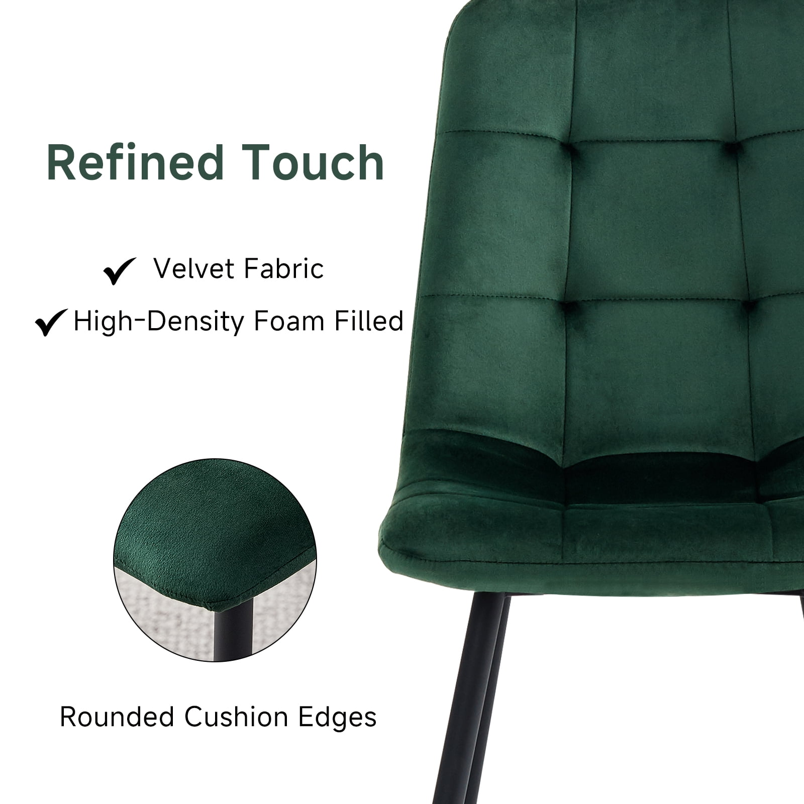 Set of 4 Velvet Dining Chairs - Mid Century Modern Dinning Chair, Upholstered Cushion Seat, Square-Patterned Backrest, Dinner Chairs with Metal Legs for Dining Living Room, Bedroom, Green