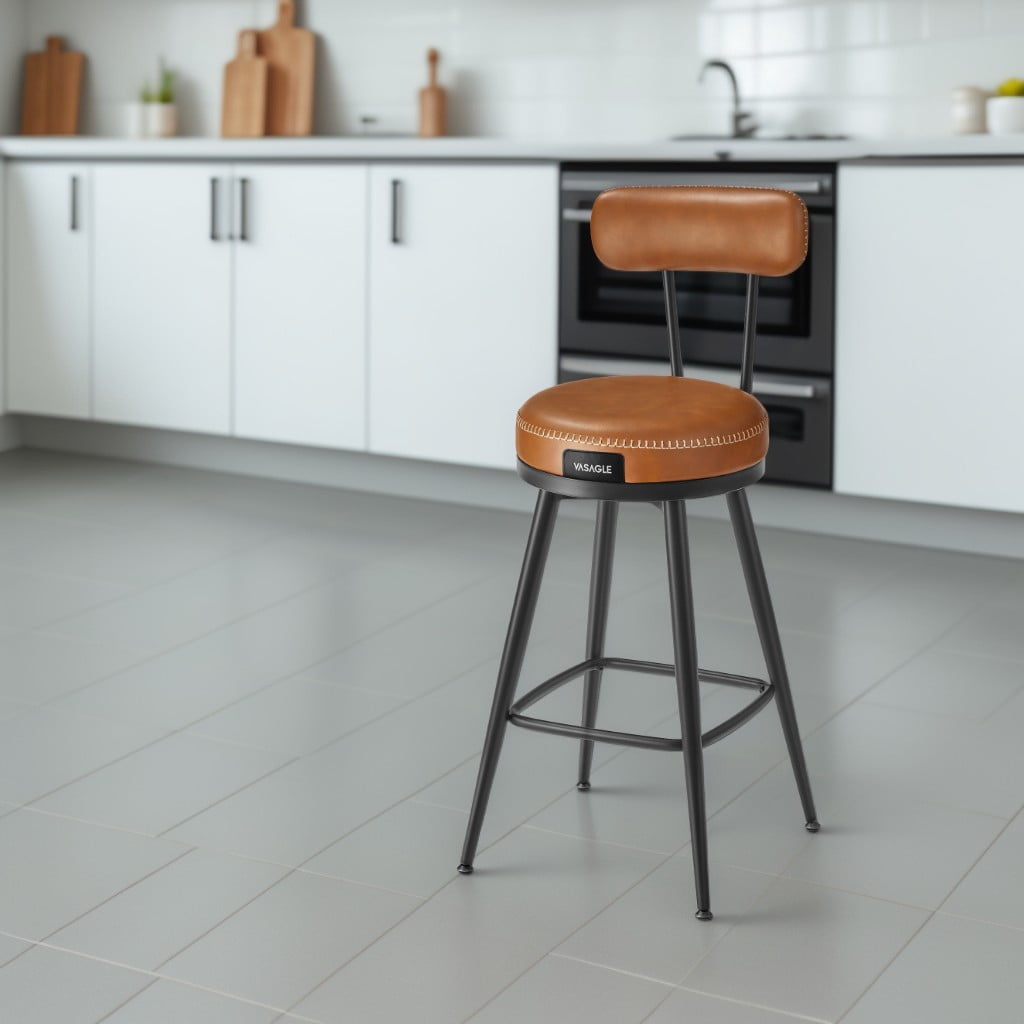LEDREM Set of 2 Swivel Counter Height Bar Stools with Back,Kitchen&Home Bar Chairs,Padded Synthetic Leather Seats,25.6-Inch Tall,Caramel Brown