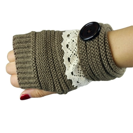 Button Fingerless Gloves - Knit Button Fingerless Gloves With Lace Trim