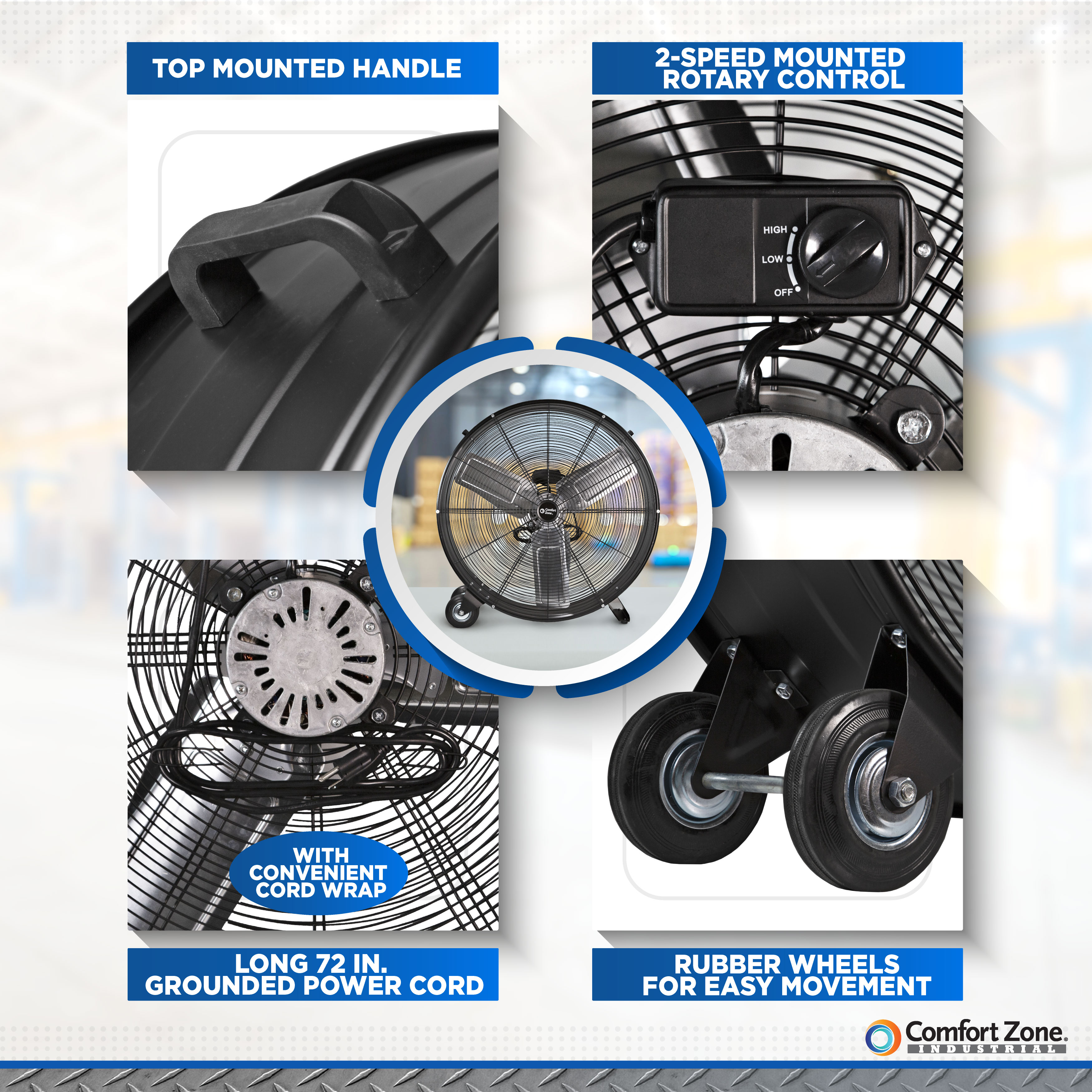 Comfort Zone 30-Inch 2-Speed High-Velocity Floor Fan with All-Metal Construction, Rubber Wheels, and Balanced Blades