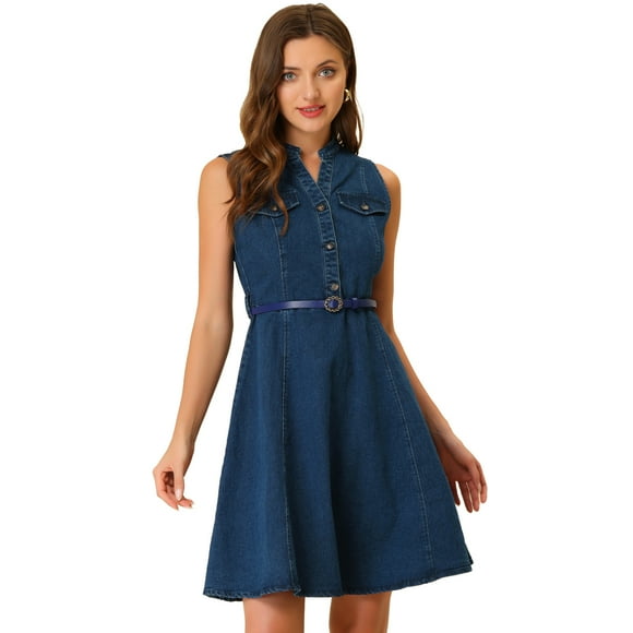 INSPIRE CHIC Women's Denim Sleeveless V Neck Belted Fit and Flare Shirt Dress Dark Blue S
