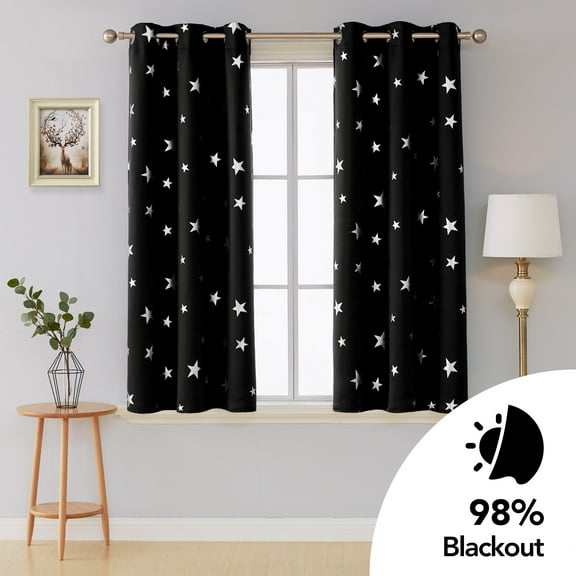 Deconovo Room Darkening Curtains Silver Star Print Grommet Curtains for Bedroom,42x63 inch,Black,Set of 2