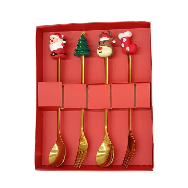 Juego de cucharas navideñas de acero inoxidable con tema de árbol, Papá Noel y estrella. Cucharas para remover café. Utensilios de cocina festivos con caja de regalo
