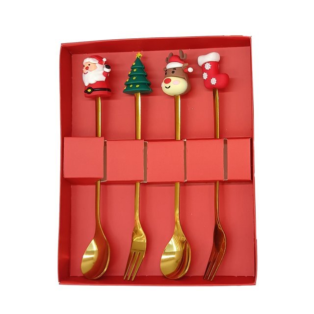 Juego de cucharas navideñas de acero inoxidable con tema de árbol, Papá Noel y estrella. Cucharas para remover café. Utensilios de cocina festivos con caja de regalo