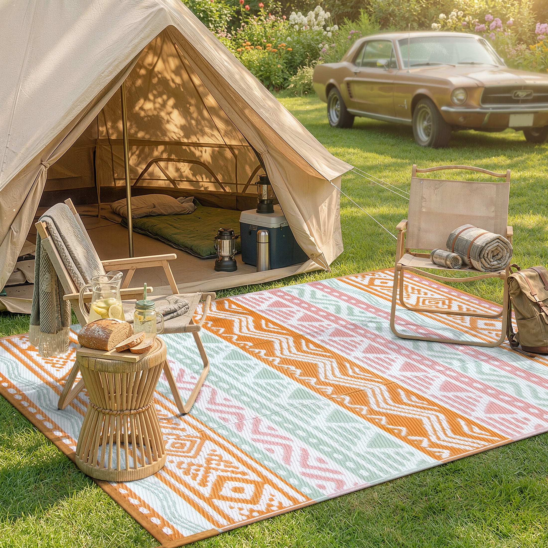 Moynesa Outdoor Rug Waterproof, 4'x6' Lightweight Plastic Straw Rug for Camping RV, Reversible Outside Carpet for Patio Deck Porch Balcony Picnic Tent, Pink/Orange