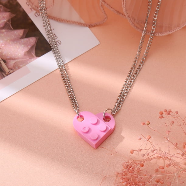 Collar con diseño de ladrillos para hombre y mujer, collar con diseño de corazón de 2 piezas, estilo Lego, regalo de San Valentín