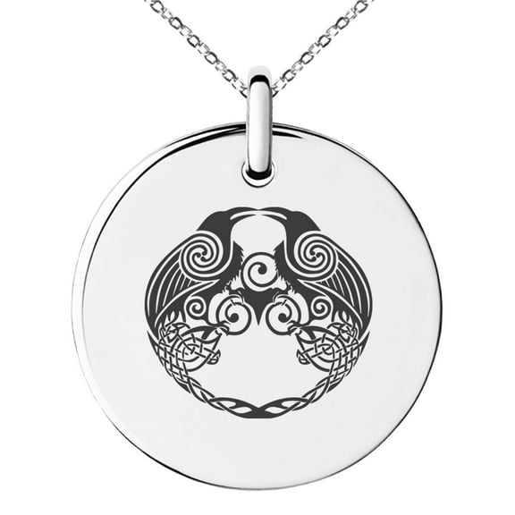 Tioneer Stainless Steel Yggdrasil Huginn & Muninn Odin's Ravens Engraved Small Medallion Circle Charm Pendant Necklace