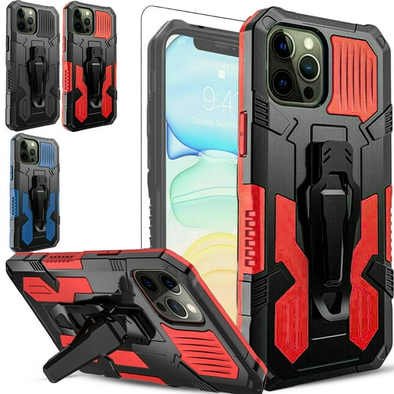 iPhone 12 Pro Case, Dual Layers [Combo Holster] And Built-In Kickstand Bundled with [Temerped Glass Screen Protector] Hybird Shockproof (Black)