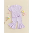 thumbnail image 3 of FEORJGP Kid Little Girls Solid Pants Set 6M 12M 18M 2T 3T 4T Toddler Baby Short Sleeve T-shirt Crew Neck Tops with Flare Pants Infant Casual Fashion Comfy Summer Outfit for Daily Holiday, 3 of 7