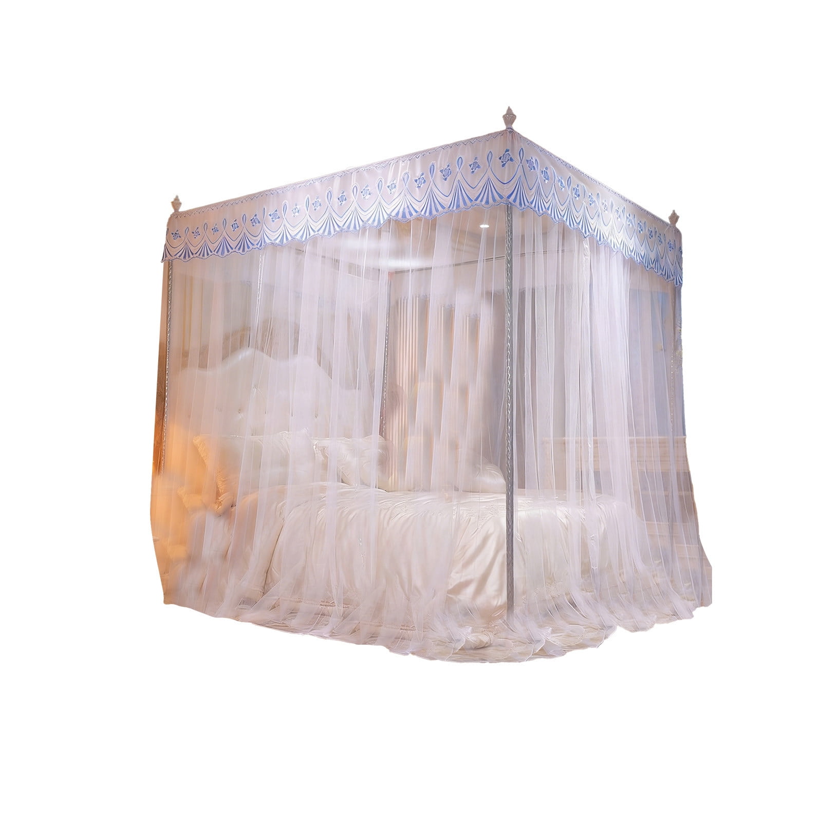 Zzbeans Princess Bed Canopy, 3 Door Lace Mosquito Net for Bedroom, Romantic Floor-Length Ruffled Bed Canopy for Girls Room Decoration, White