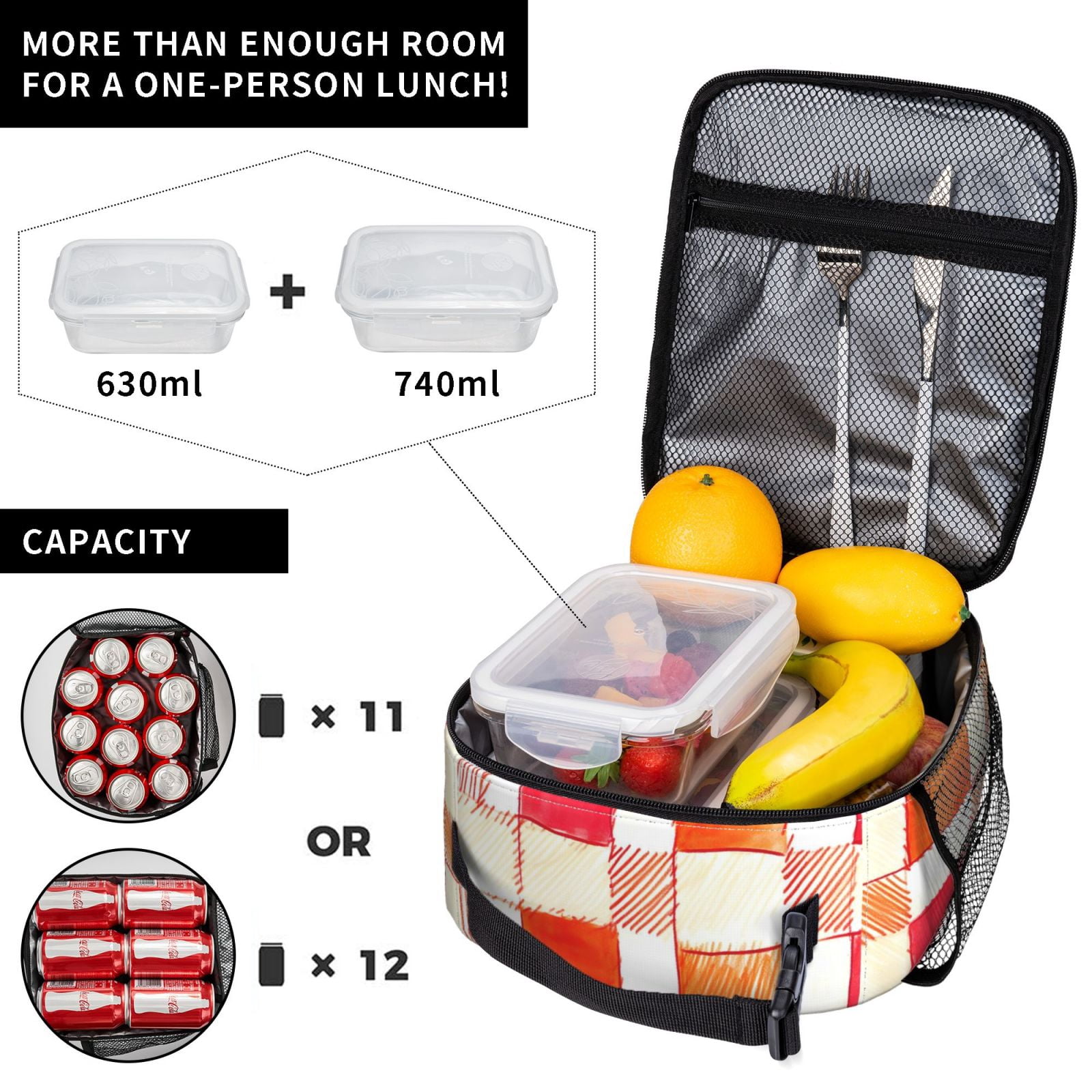 Lunch Bag For Women Men Insulated Portable Lunch Box Bento Box Office Picnic Travel Cooler Bag Orangered Houndstooth Checkered Hand-Drawn Sketch_4
