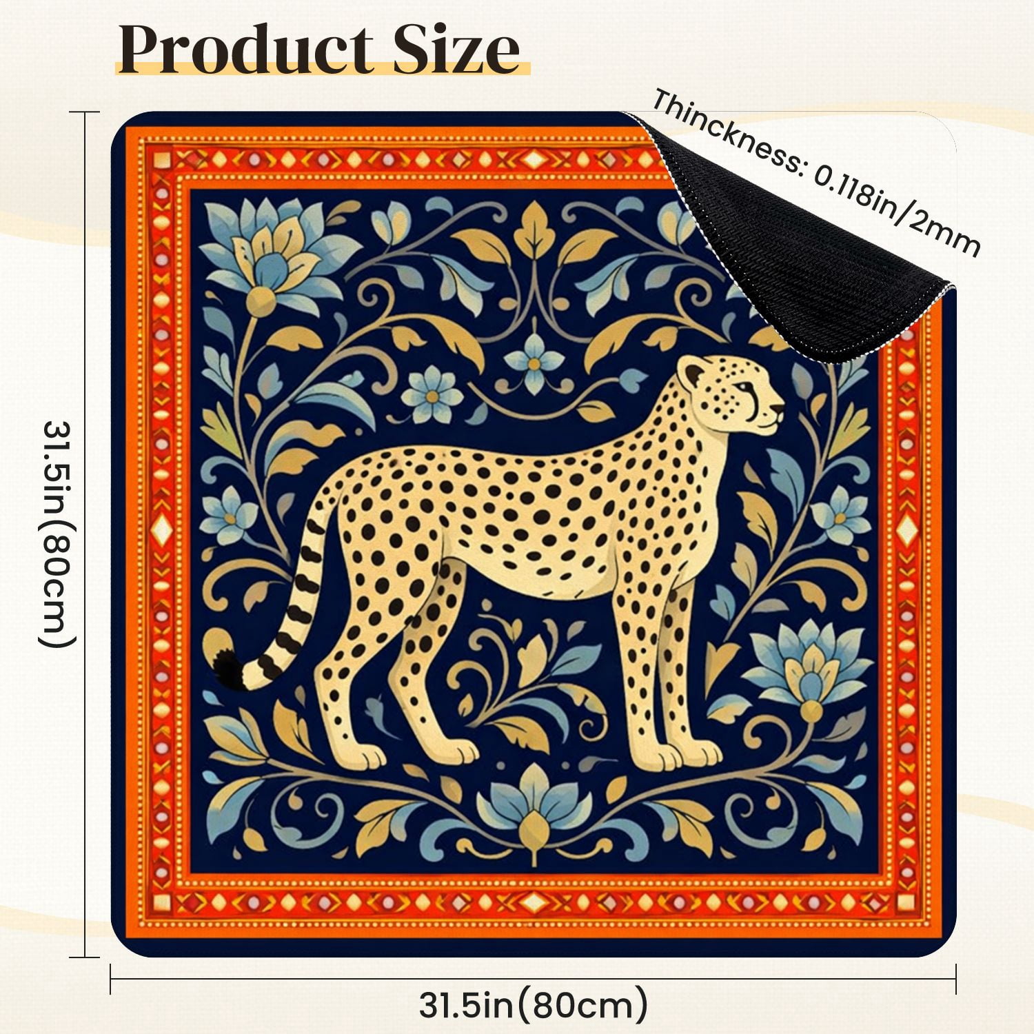 Mahjong Mat 31.5" x 31.5" Cheetah Blue Gold Floral Dark Non-Slip Noise Reduction Mahjong Tiles Table Cover for Dominoes Poker Card Board and Tile Games