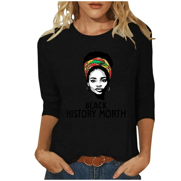 ZVAVZ Business Tops for Women 2025,Womens Black History Month Print Tops 3/4 Length Sleeve O-Neck T-Shirts Oversized Graphic Tees for Women Gift Ideas Black L