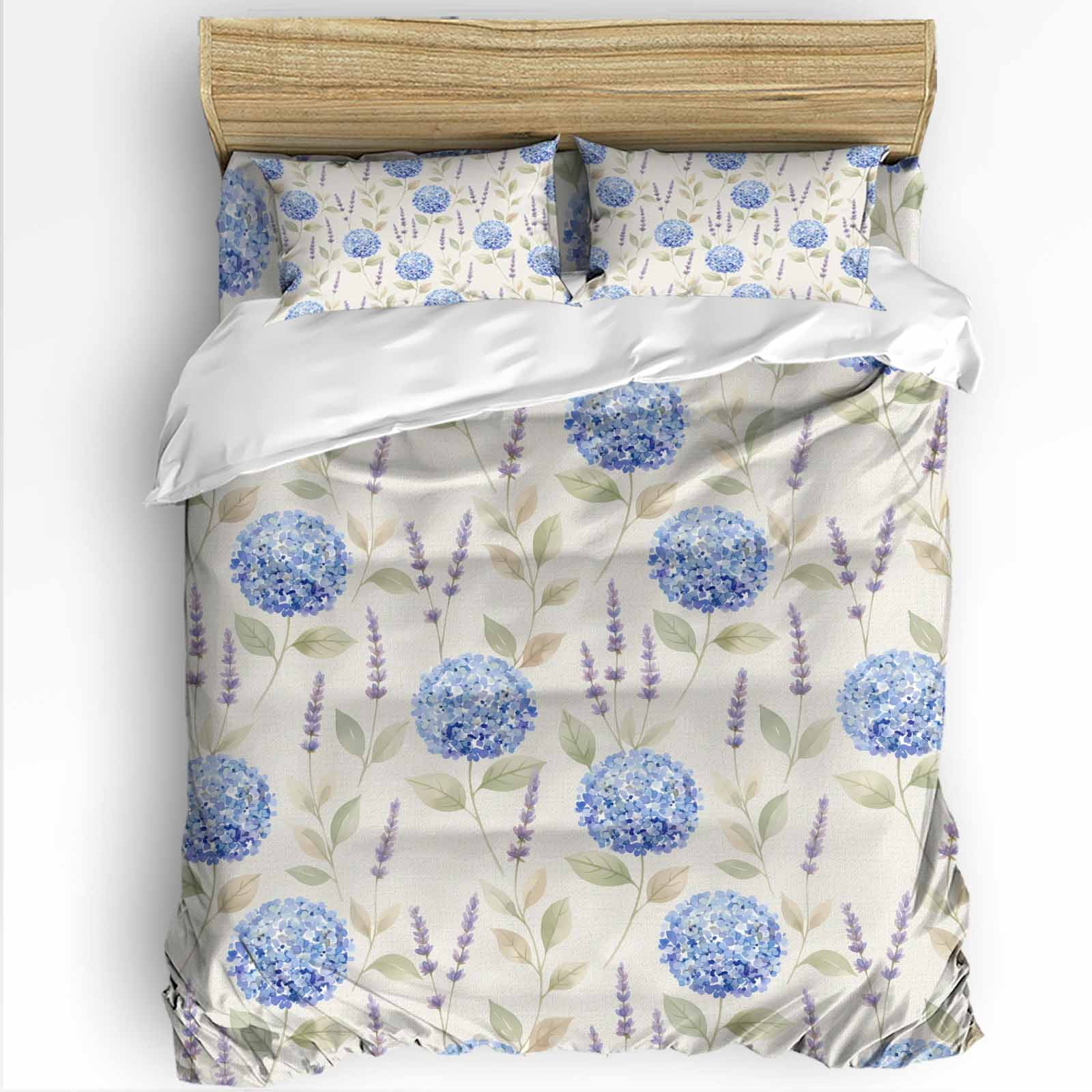 Spring Plant Queen Duvet Cover Set, Blue Hydrangea Purple Lavender Vintage Flower 4 Piece Microfiber Bedding Set with Zipper Closure, Bed Sheet and 2 Pillow Shams, Soft Bedding Cover