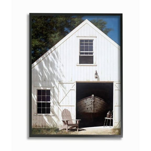 Stupell Industries Boat Behind Barn Door Rural Realistic Painting Framed Wall Art Design by Zhen-Huan Lu, 11" x 14", Black Framed