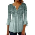 thumbnail image 2 of Workout Tops for Women Viikei Womens Tops Clearance,Sweatshirts for Women Oversized,Women's V-Neck Trumpet 3/4 Sleeve Printed Buttoned Basic Ruched Corset Tunic Tops Pleated T-shirts Blouses Green M, 2 of 4