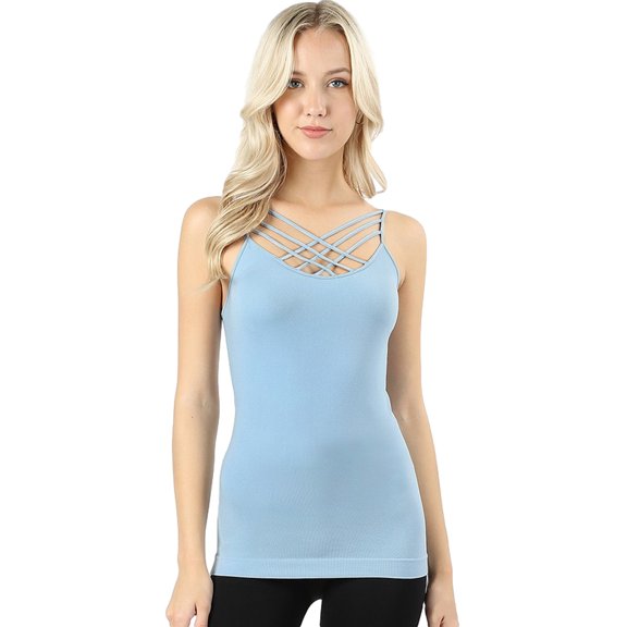 PacificPlex Womens Seamless Criss-Cross Cami Tank Top, 1X/2X, Ash-Blue