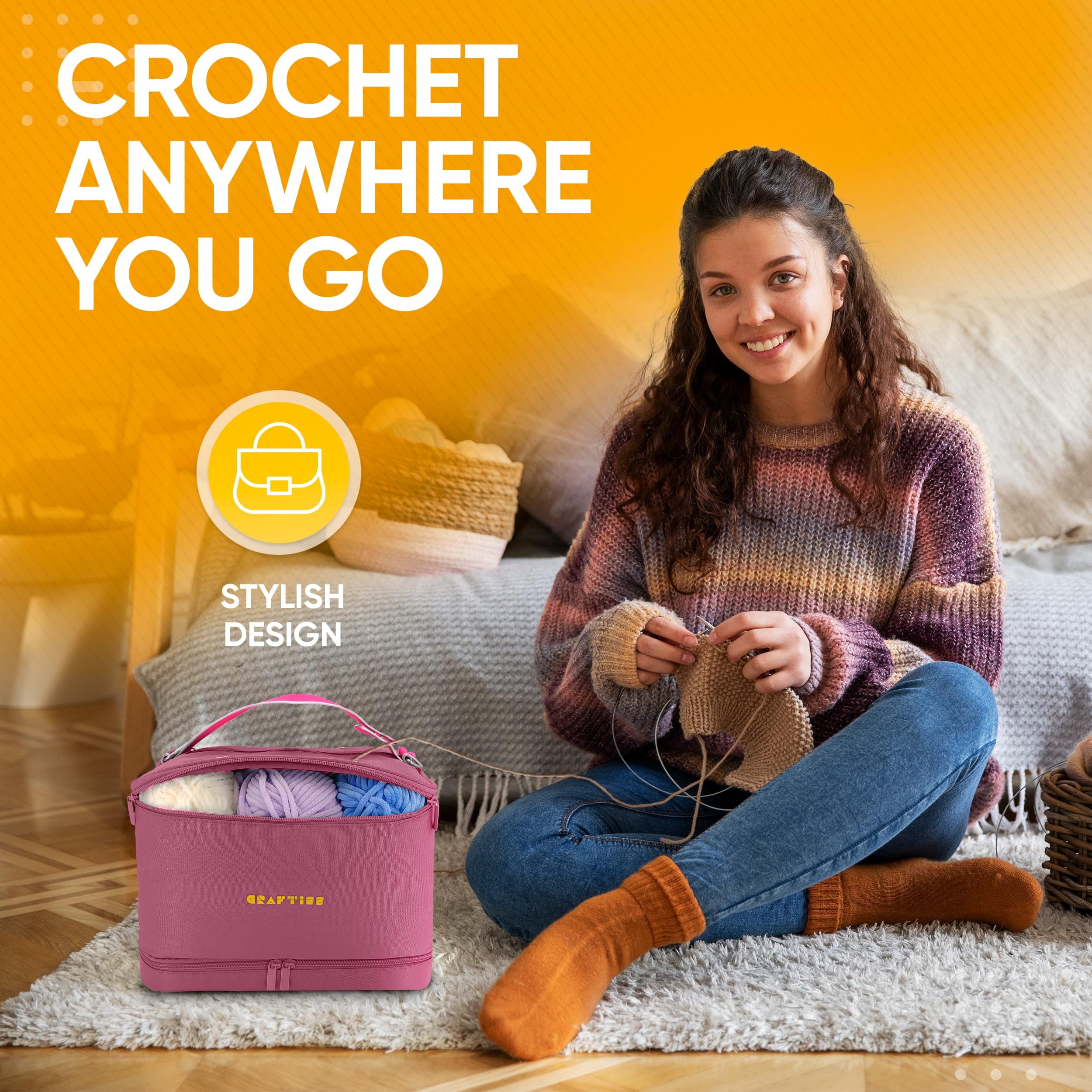 CRAFTISS Crochet Bag Yarn Storage - Perfect Gift - Durable Canvas Yarn Bag for Crochet Accessories - Organizer with Built-in Knitting Accessories Case